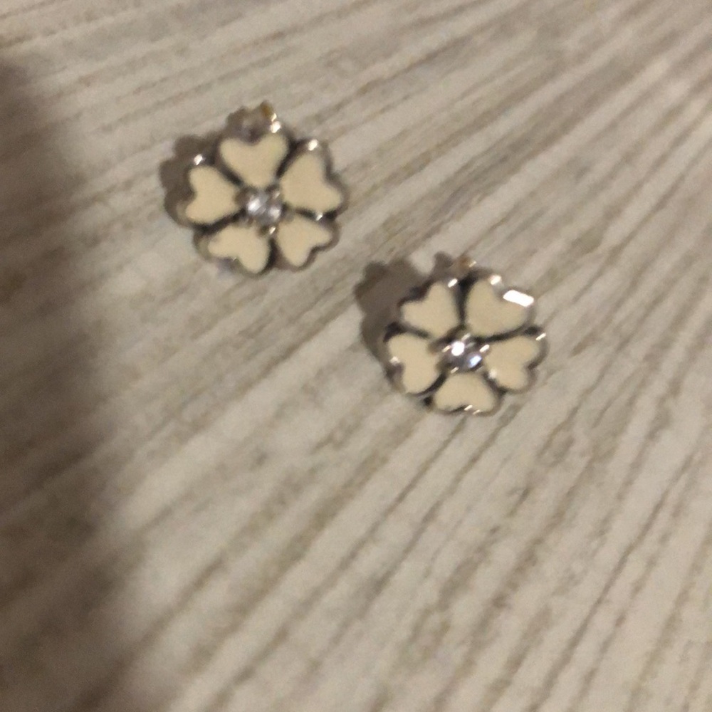 Cream Flower Stud Earrings with Crystal Center Sterling silver